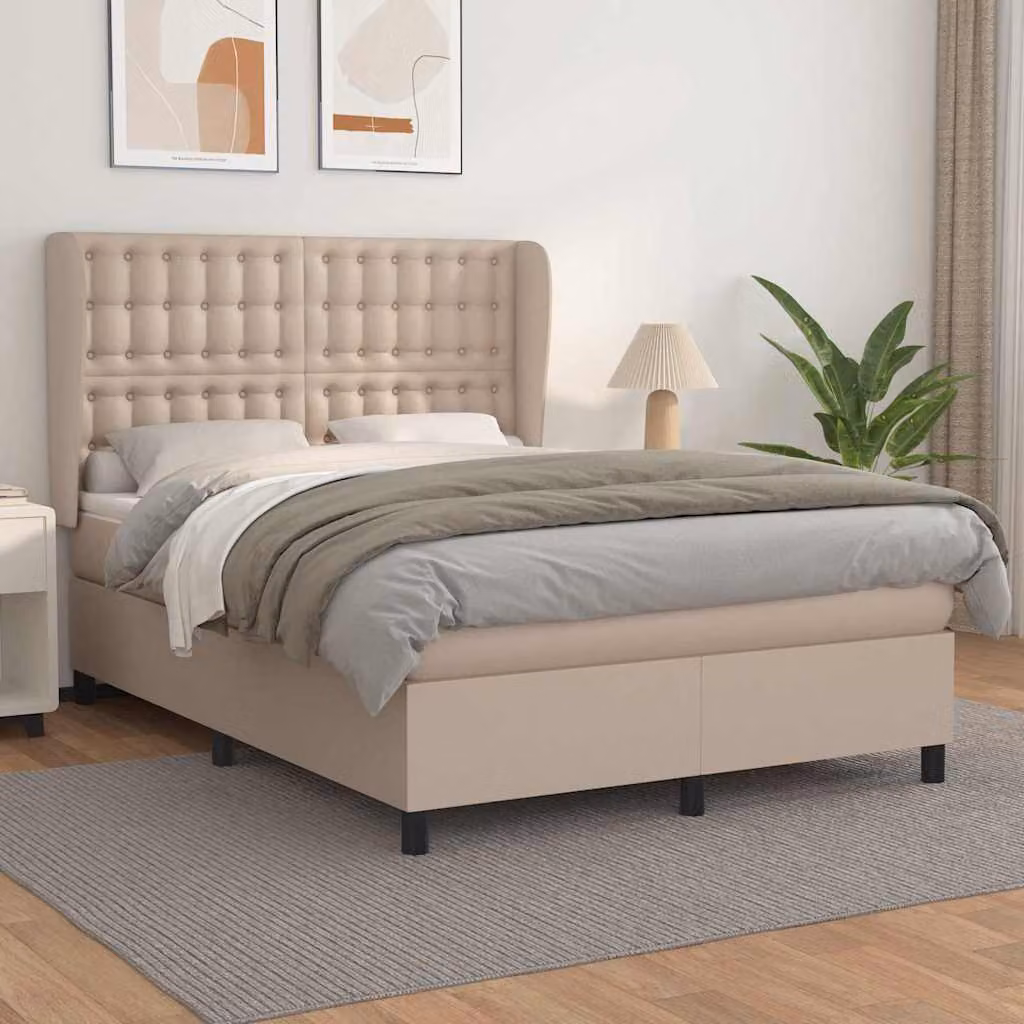 vidaXL Giroletto a Molle con Materasso in Similpelle Beige, L/P/H: 140 x 190 cm – 1