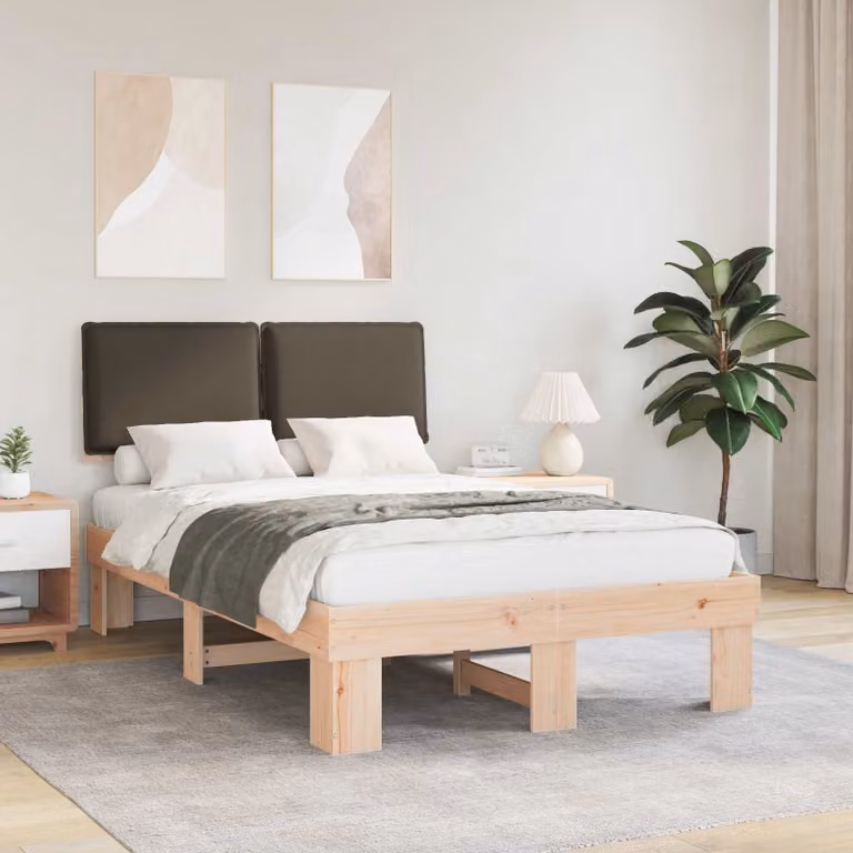 Letto con Testiera Rivestita in Pino Massello vidaXL, Colore Beige/Grigio, 120 x 200 cm