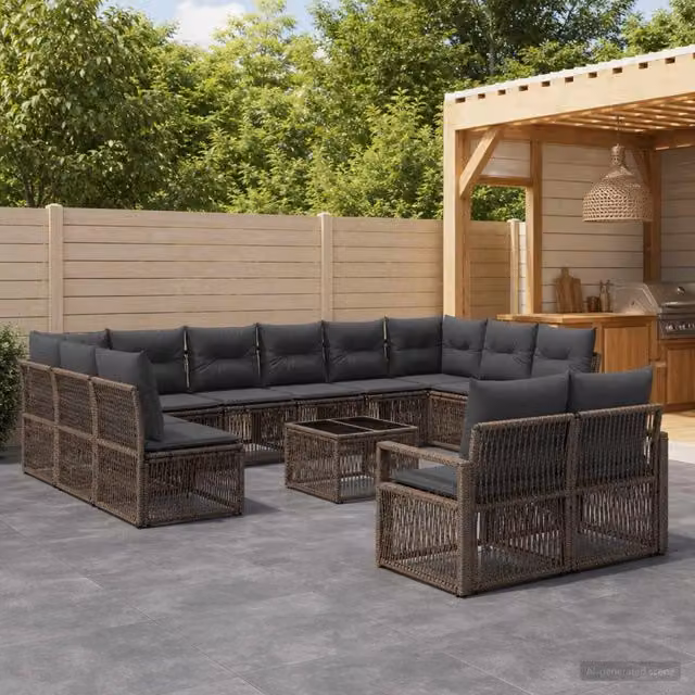 Set Divano da Giardino vidaXL 14 Pezzi a Forma di U Grigio con Cuscini e Tavolino