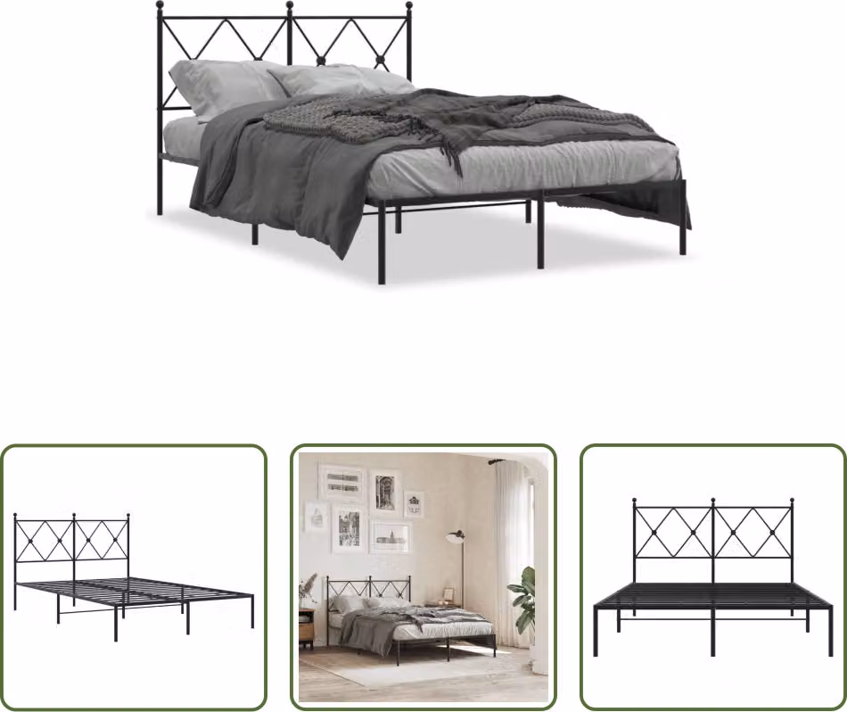 The Living Store Struttura letto con testiera in metallo nero 120x190 cm
