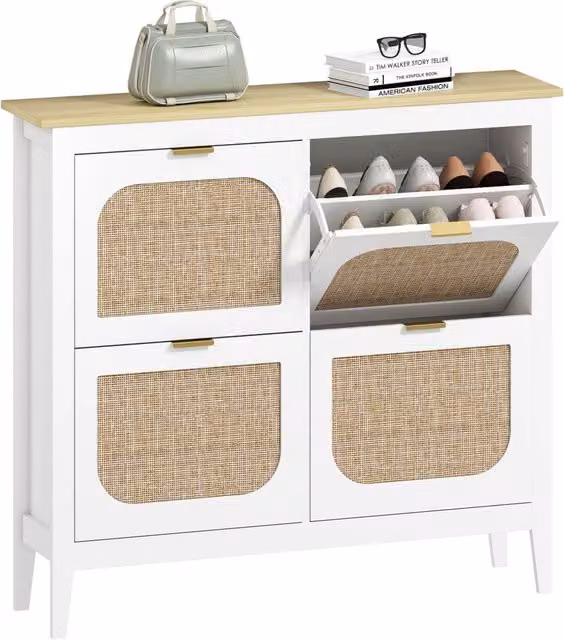 Scarpiera Xylo con 4 ante ribaltabili effetto rattan, Bianco, L: 105 cm, P: 24 cm, H: 95,5 cm