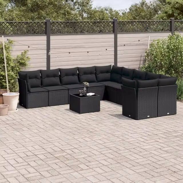 Set Divani da Giardino 11 pz con Cuscini in Polyrattan Nero 3250084