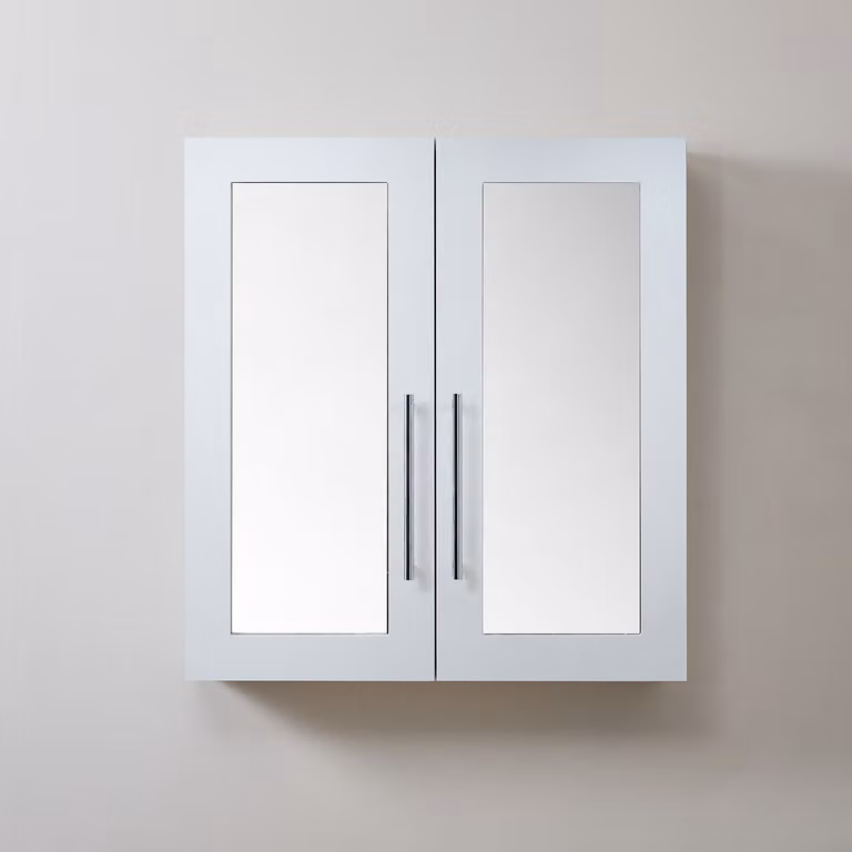 Mobiletto a Specchio da 900mm x 650mm Bianco - Completo di Maniglie Moderne a Barra Cromate - Cluo