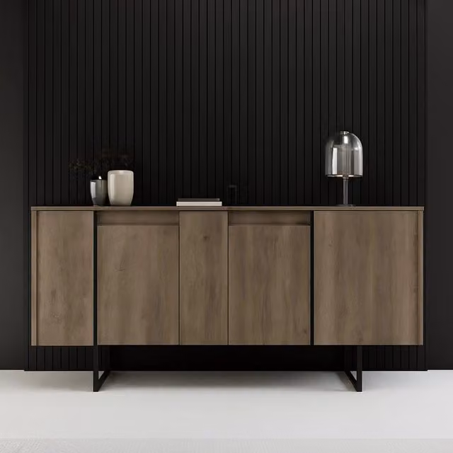 Credenza Arta DMORA per soggiorno e cucina, Noce e Nero, L: 160 cm, P: 35 cm, H: 80 cm – 1