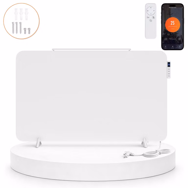 Ikodm, pannello radiante a infrarossi da 800W, colore bianco, con app Wi-Fi, termostato, telecomando e porta asciugamani