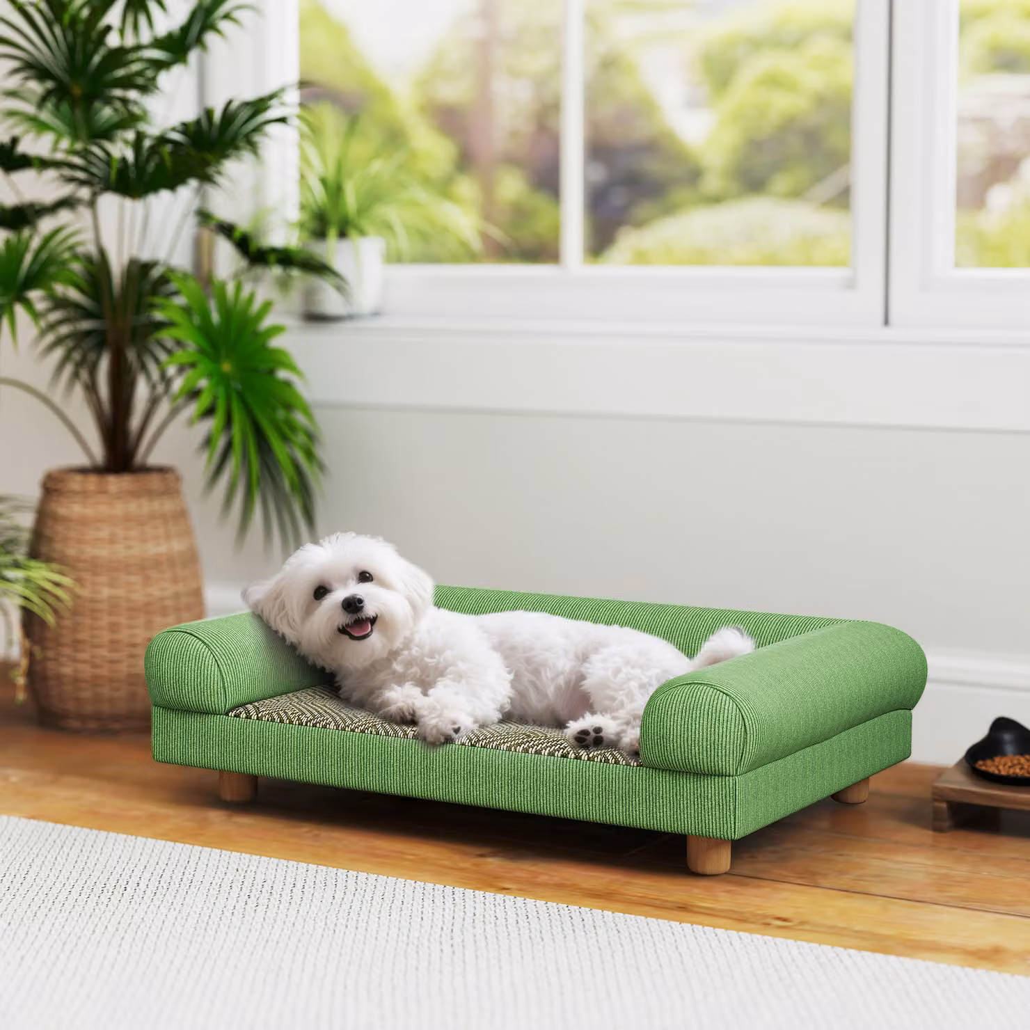 Divano rialzato PawHut per cani e gatti con seduta effetto tappeto rinfrescante e braccioli in velluto morbido, Verde, L 63 x P 41 x H 17 cm – 2