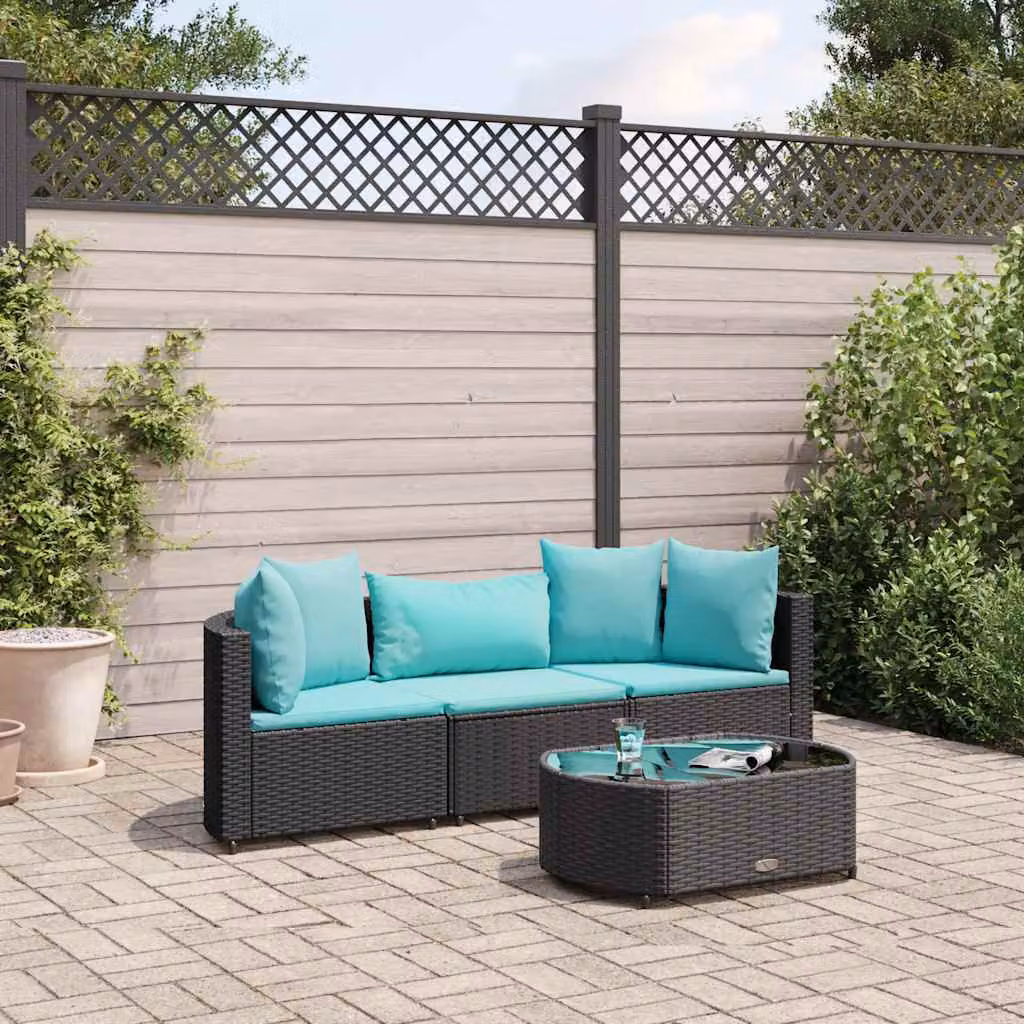 Set Divano da Giardino a L vidaXL con Tavolino e Cuscini, Struttura in Metallo e Polyrattan, Colore Nero/Blu/Turchese – 1