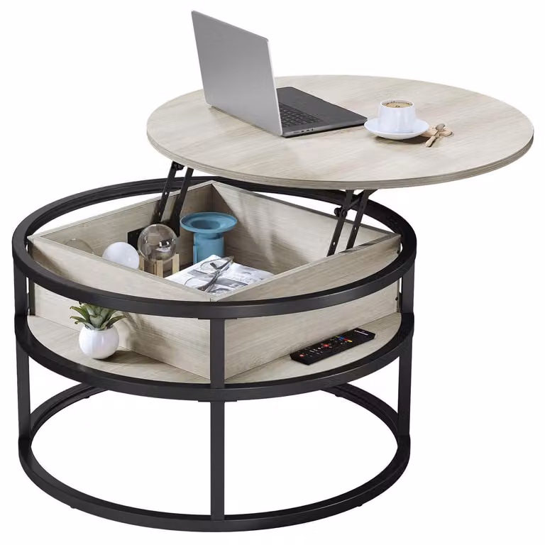 Tavolino rotondo con piano sollevabile, vano contenitore, 80x80x47 cm, rovere bianco