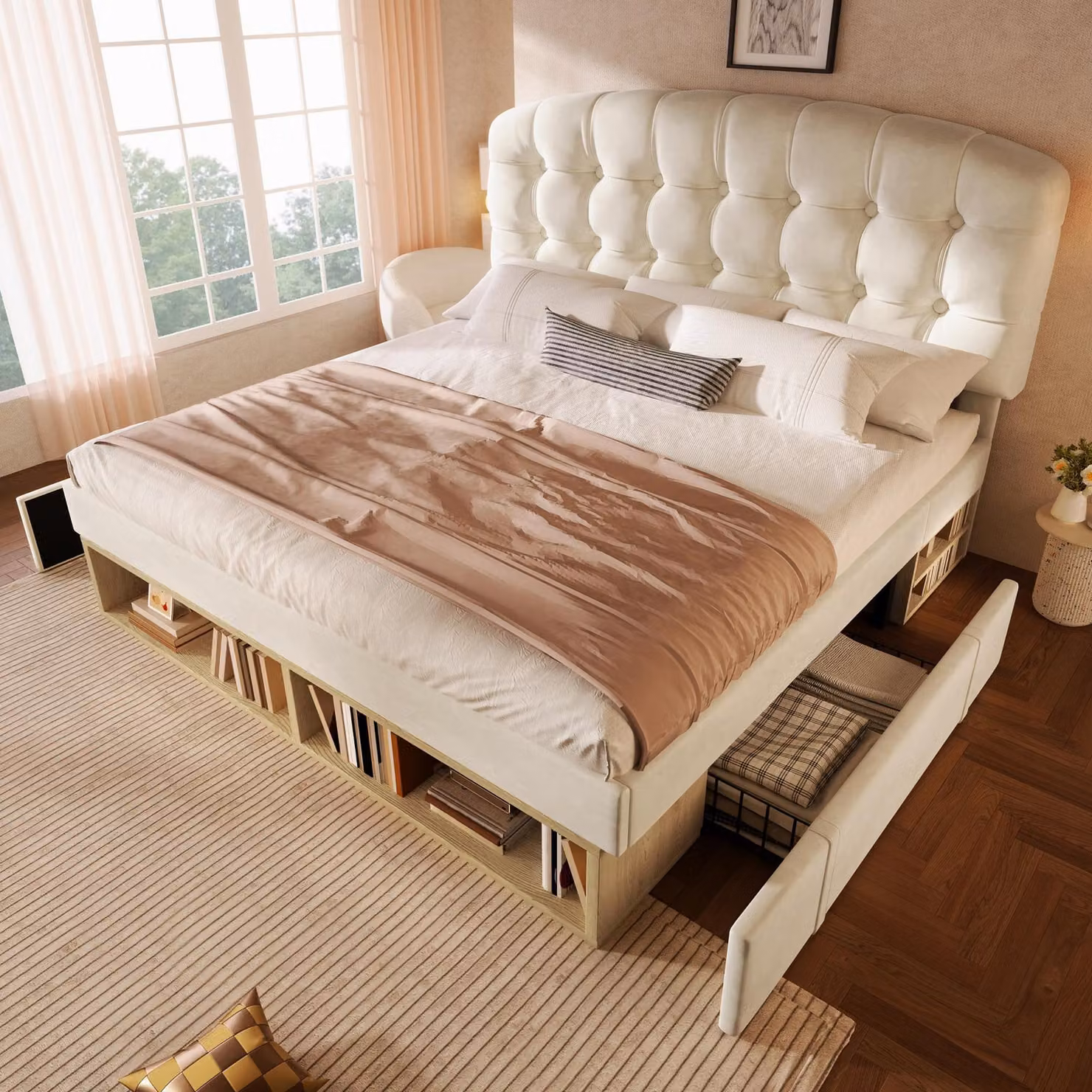 Letto matrimoniale 140x200, imbottito in velluto beige, con rete a doghe. Struttura del letto con testiera curva e regolabile in altezza. Letto con cassetti e spazio contenitivo