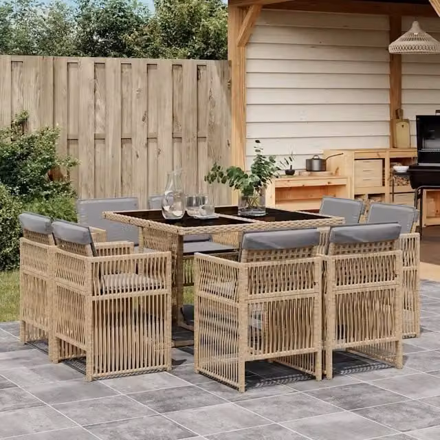 Set Pranzo da Giardino 9 pz con Cuscini Beige Misto Polyrattan 3211020