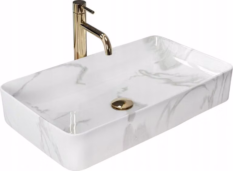 Lavandino da bagno Lavabo da appoggio Rettangolare Marmo Bianco Ceramica