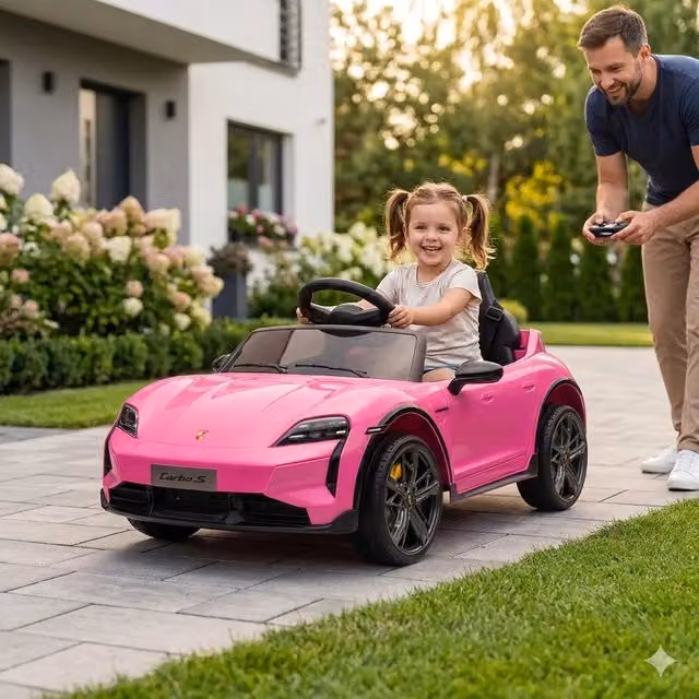 Macchina Elettrica per Bambini Porsche Taycan Turbo S 12V Rosa con Telecomando Bluetooth e Luci LED