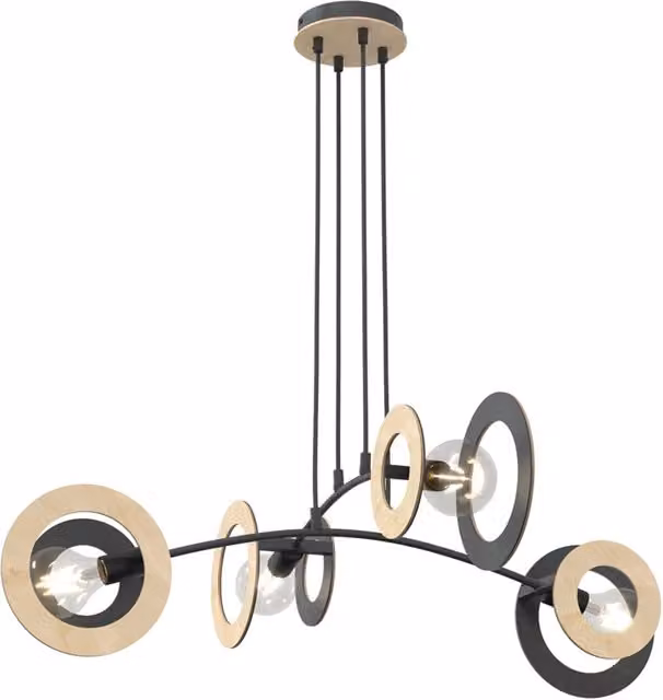Lampadario 4 Luci Djehuty Acciaio Nero Legno Naturale Diffusori Doppio Cerchio