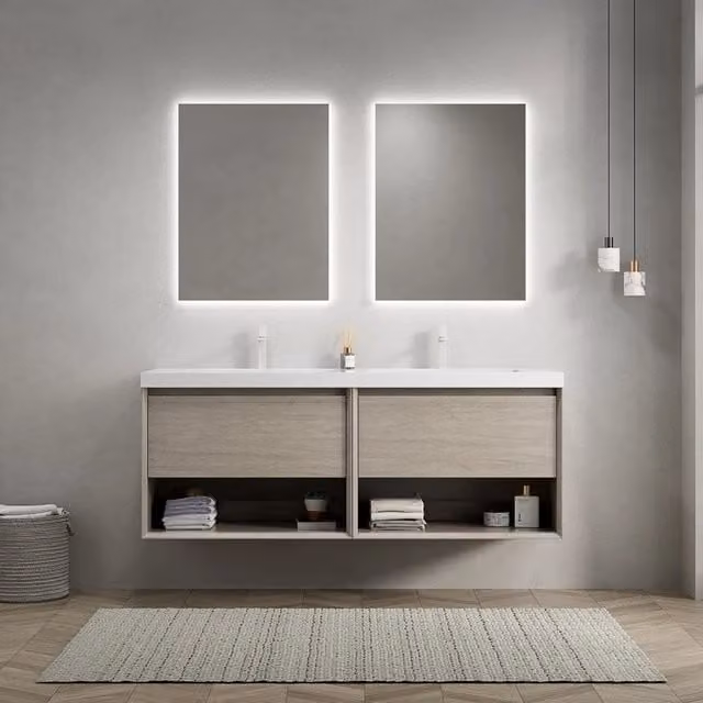 Mobile lavabo da bagno 140 cm con 2 lavabi rettangolari bianchi in resina, mobile in compensato effetto rovere chiaro con 2 cassetti e 2 ripiani aperti, preassemblato