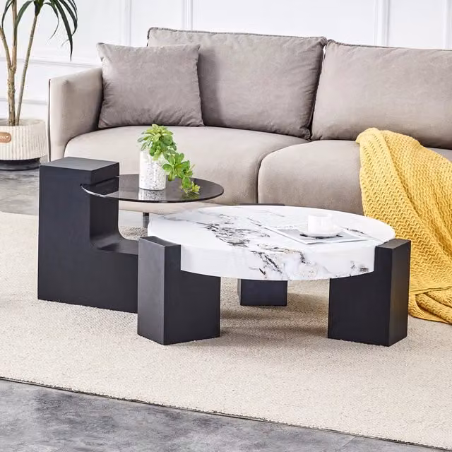 Tavolino da salotto rotondo a 2 livelli con ripiano in vetro grigio ed effetto marmo bianco MDF nero design moderno per casa