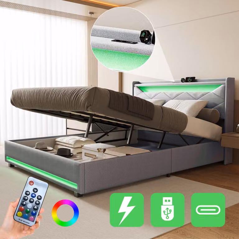 Letto imbottito UnboxG 140x200 cm con contenitore e rete a doghe, spazio contenitivo idraulico, LED integrati nella testiera e nel contenitore, stazione di ricarica USB, letto matrimoniale in lino, colore grigio