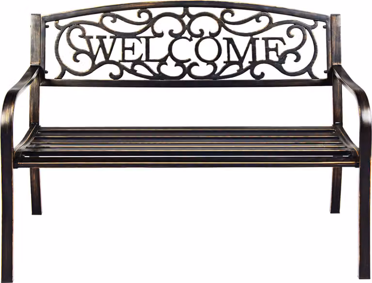 COSTWAY panchina da giardino con benvenuto, panca a 3 posti in metallo in ghisa, panca in ferro con struttura in acciaio, panca caricabile fino a 320kg, panca da riposo con schienale (Welcome-Bronze)