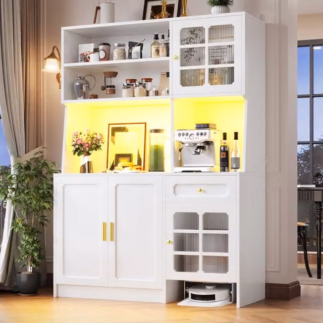 Mobile colonna da cucina con vani aperti ante in vetro e LED controllabile via app in MDF bianco 130 × 45 × 180 cm