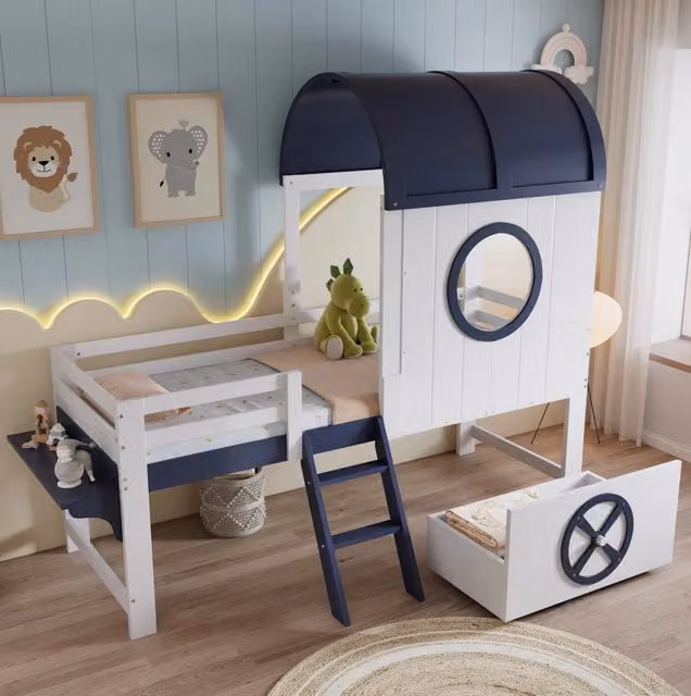 Letto a castello 90x200 cm bianco e blu, struttura in legno e MDF con tetto