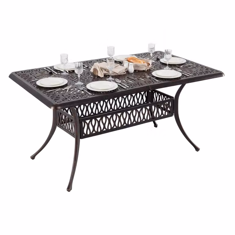 Tavolo da giardino COSTWAY 151x91 cm, tavolo da terrazza in fusione di alluminio con foro per ombrellone, tavolo rettangolare da balcone per 6 persone, tavolo da pranzo per giardino e balcone
