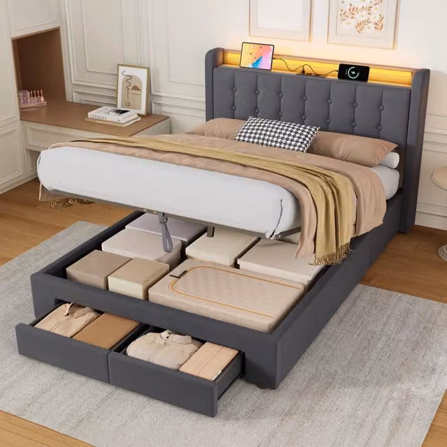 Desviae Letto una piazza e mezza imbottito 140 × 200 cm con rete idraulica, LED, USB, testiera, velluto e 2 cassetti