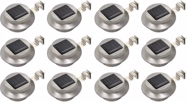 Lotto di 12 lampade solari rotonde da esterno 12 x 6,5 cm illuminazione automatica moderna in acciaio inossidabile argentato 02_0046377