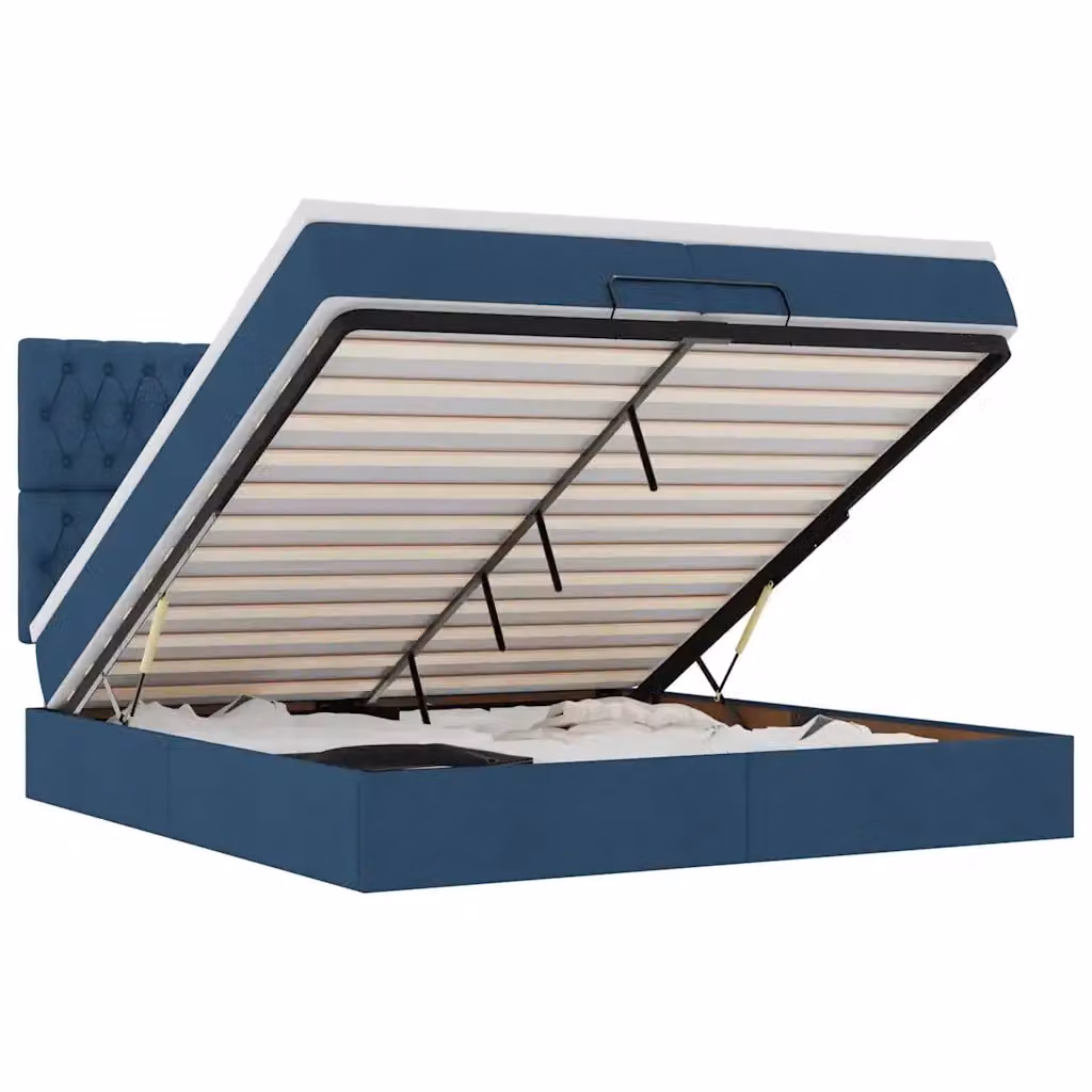 Letto matrimoniale con contenitore a sollevamento vidaXL in tessuto blu e bianco con illuminazione sottostante e porta USB L/P/H: 200 x 200 x 280 cm – 2