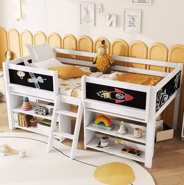 Letto a soppalco 90x200 cm; con più vani contenitore e lavagna; legno; bianco (Senza materasso)