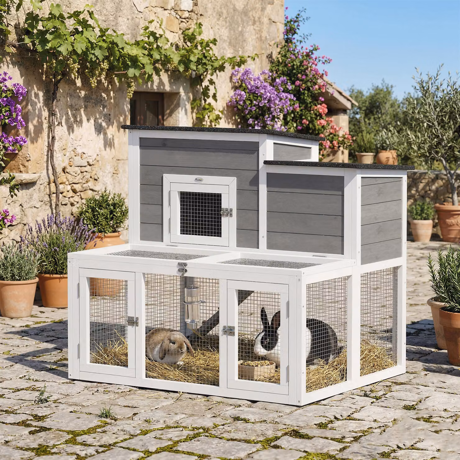Conigliera PawHut in legno laccato grigio con doppio tetto apribile impermeabile e recinto a 2 livelli per uso interno ed esterno – 2