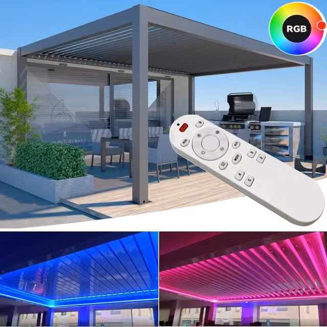 Pergola bioclimatica in alluminio con lamelle motorizzate e impianto LED RGB, colore Antracite, L: 4 m, P: 3 m