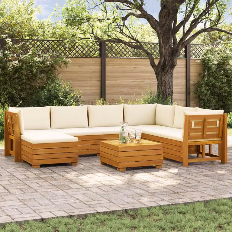 Set di divani da esterno vidaXL in legno di acacia massello marrone con 8 pezzi, include tavolino e pouf, con cuscini beige resistenti ai raggi UV e coperture rimovibili