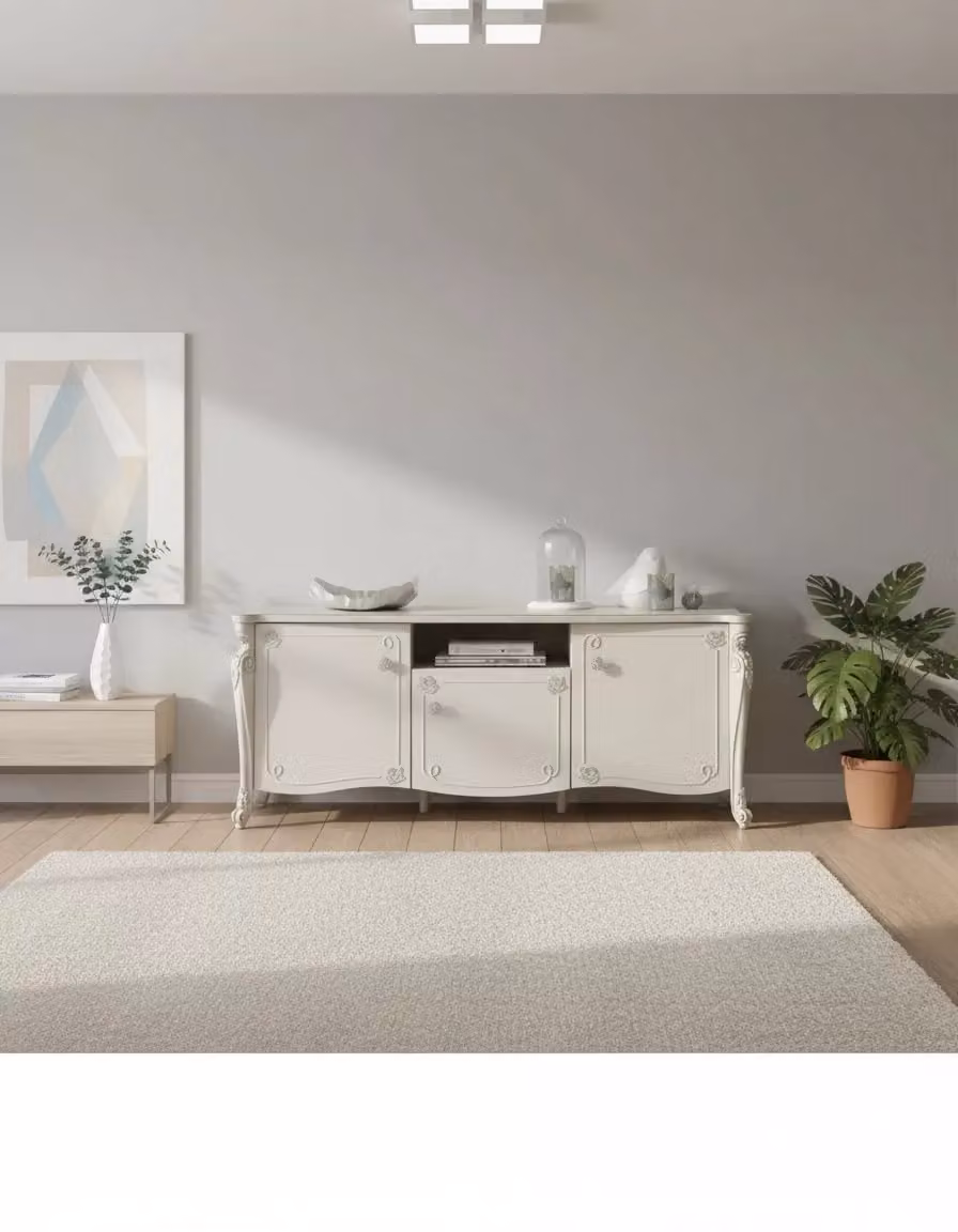 Porta TV Mobili 2G in legno di pino stile shabby chic con 3 ante, bianco opaco, L: 172 cm, P: 57 cm, H: 69 cm – 2