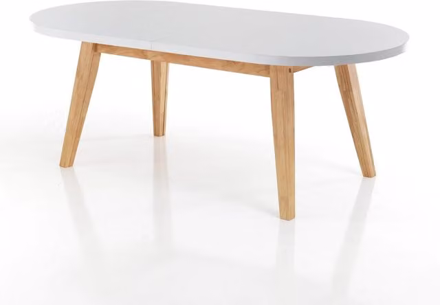 Tavolo da pranzo allungabile Oresteluchetta con piano ovale bianco lucido ed effetto legno rovere, L: 180 cm, P: 90 cm, H: 78 cm – 1