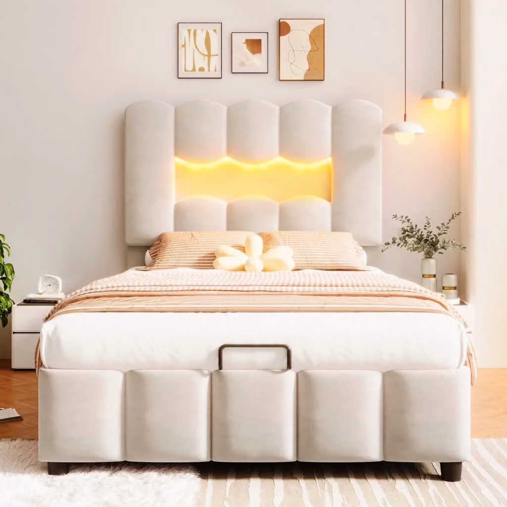 Letto contenitore singolo OKWISH in velluto beige con vano idraulico, illuminazione LED e testiera regolabile, L/P/H: 90 x 200 x 109 cm – 2