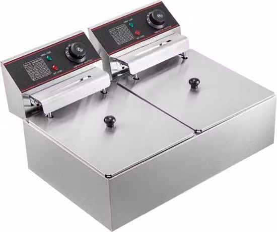 Friteuse Professionale a Doppio Forno - 2x 6L - 12L - 2x 2500W - 220V - Impianto di Accensione Indipendente - Frittoia - Piastra Frittrice - Incluso Spiedo per Frittelle e 5 Spugne da Pulire