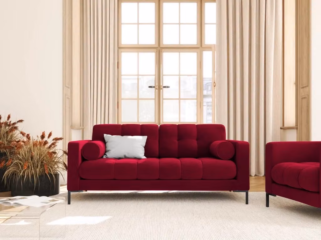 Divano Bali 2 posti Cosmopolitan Design in velluto rosso con struttura in metallo e cuscini inclusi L: 152 cm, P: 75 cm, H: 92 cm – 2