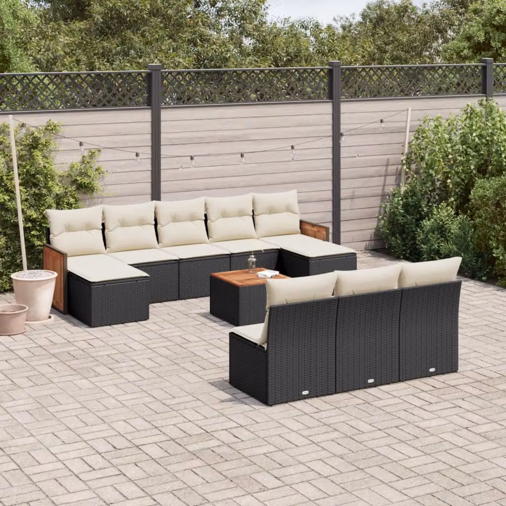 Set di divani da giardino vidaXL 11 pezzi in polyrattan nero con cuscini e tavolino da caffè moderno a forma di U