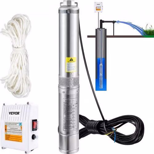 Pompa Sommersa per Pozzo VEVOR in Acciaio Inox Argento 370W, Flusso 110L/min e Prevalenza Max. 44m con Scatola di Controllo Esterna per Piscina, Giardino e Orto, 230V