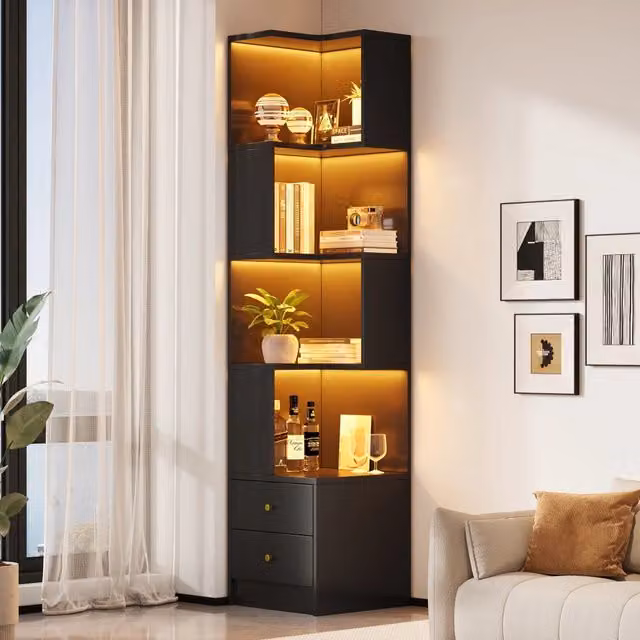 Libreria angolare in MDF con LED controllato da app, 4 ripiani aperti e 2 cassetti, per ufficio e soggiorno, nera