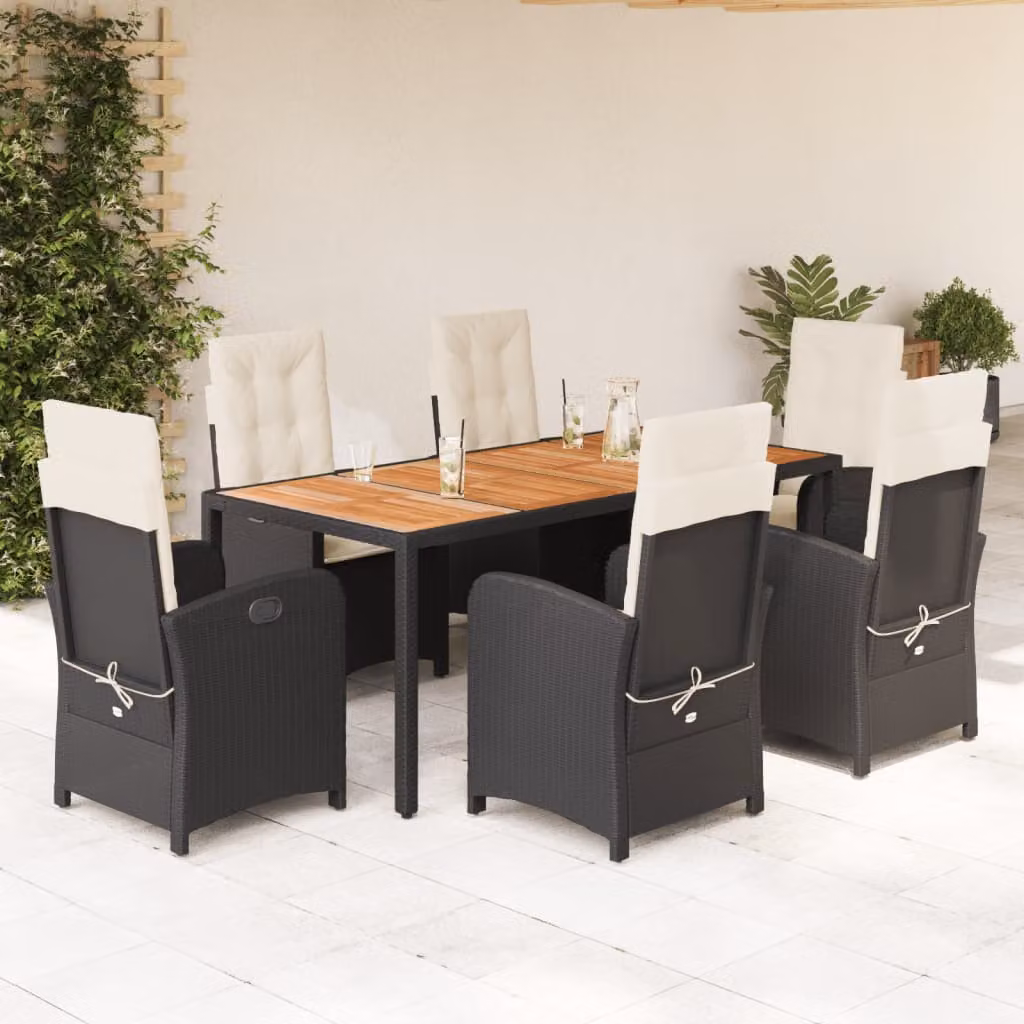 vidaXL Set da Pranzo da Giardino 7 pz in Polyrattan e Legno di Acacia con Piano in Vetro, Nero e Marrone – 1