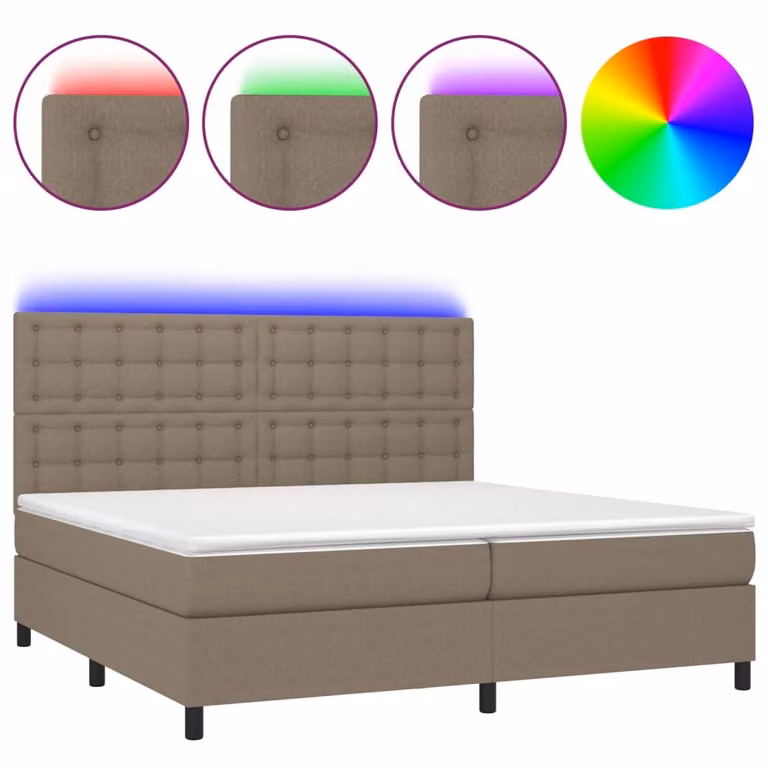 Letto a Molle Materasso e LED tortora 200x200cm in Tessuto