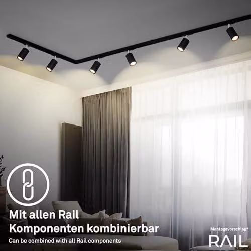 - Kit completo di sistema a binario, 6 faretti GU10 orientabili, forma a L, sistema a binario per soffitto, faretto a binario, lampada da soffitto, plafoniera, faretto, 2,25 metri, nero