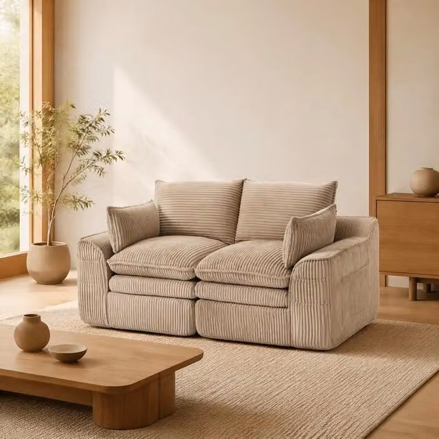 Divano 2 posti ULEVR 191x94x85 cm in velluto a coste kaki con cuscini e tasche laterali