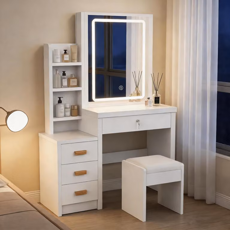 Comò da trucco con illuminazione a LED e sgabello, 4 cassetti, ripiani aperti, colore bianco, dimensioni 80x36x135 cm