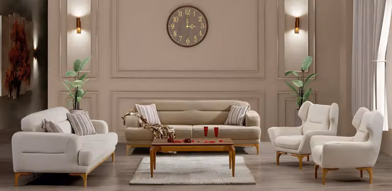 Elegantes weißes Stoff-Sofa-Set mit Holzrahmen für modernes Wohnzimmer