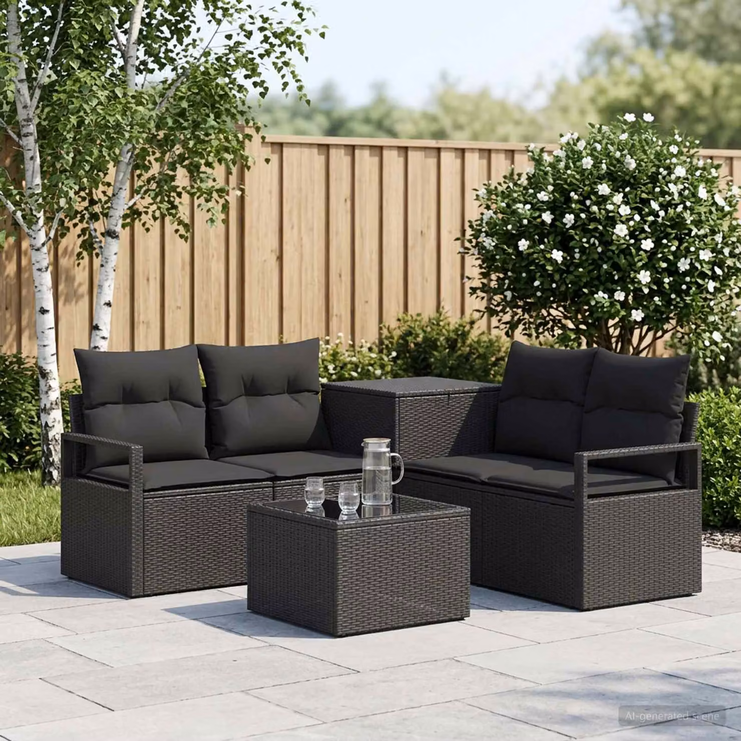 Set di divani da giardino vidaXL a forma di L composto da 6 pezzi in rattan sintetico e metallo nero con cuscini inclusi