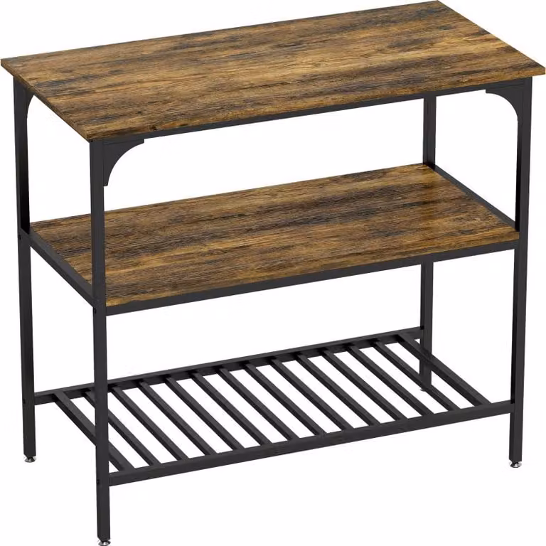 Moonbite, scaffale per panettiere a 3 livelli, piano di lavoro da cucina 100 x 50 cm, 2 ripiani e griglie in acciaio, capacità portante 120 kg, piedini regolabili, legno e acciaio, colore marrone rustico
