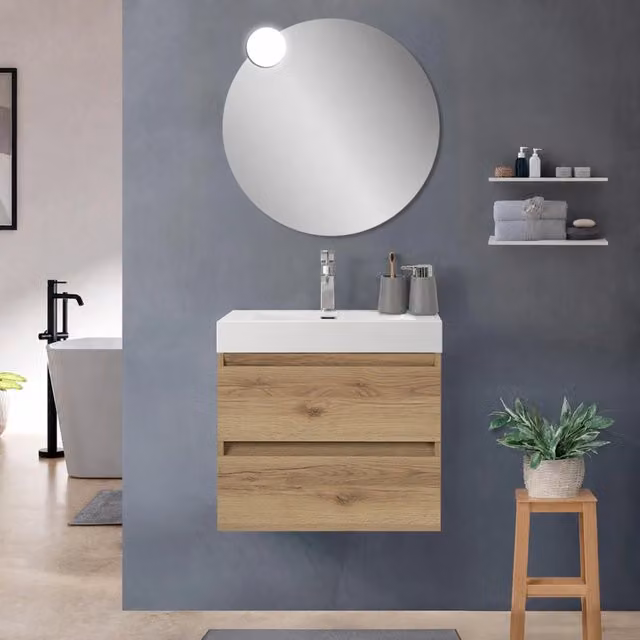 Mobile bagno sospeso 60 cm quercia naturale con due cassetti e lavabo alto in resina Leda