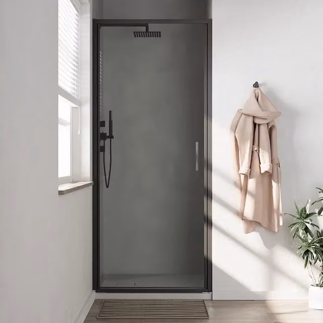 Porta doccia 75cm con apertura a battente profili slim nero opaco vetro 6mm anticalcare trasparente h190 | Portofino