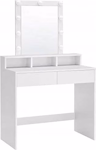 Toletta con specchio Valora in stile scandinavo, bianco, con specchio Hollywood LED, L: 80 cm, P: 24,5 cm, H: 145 cm